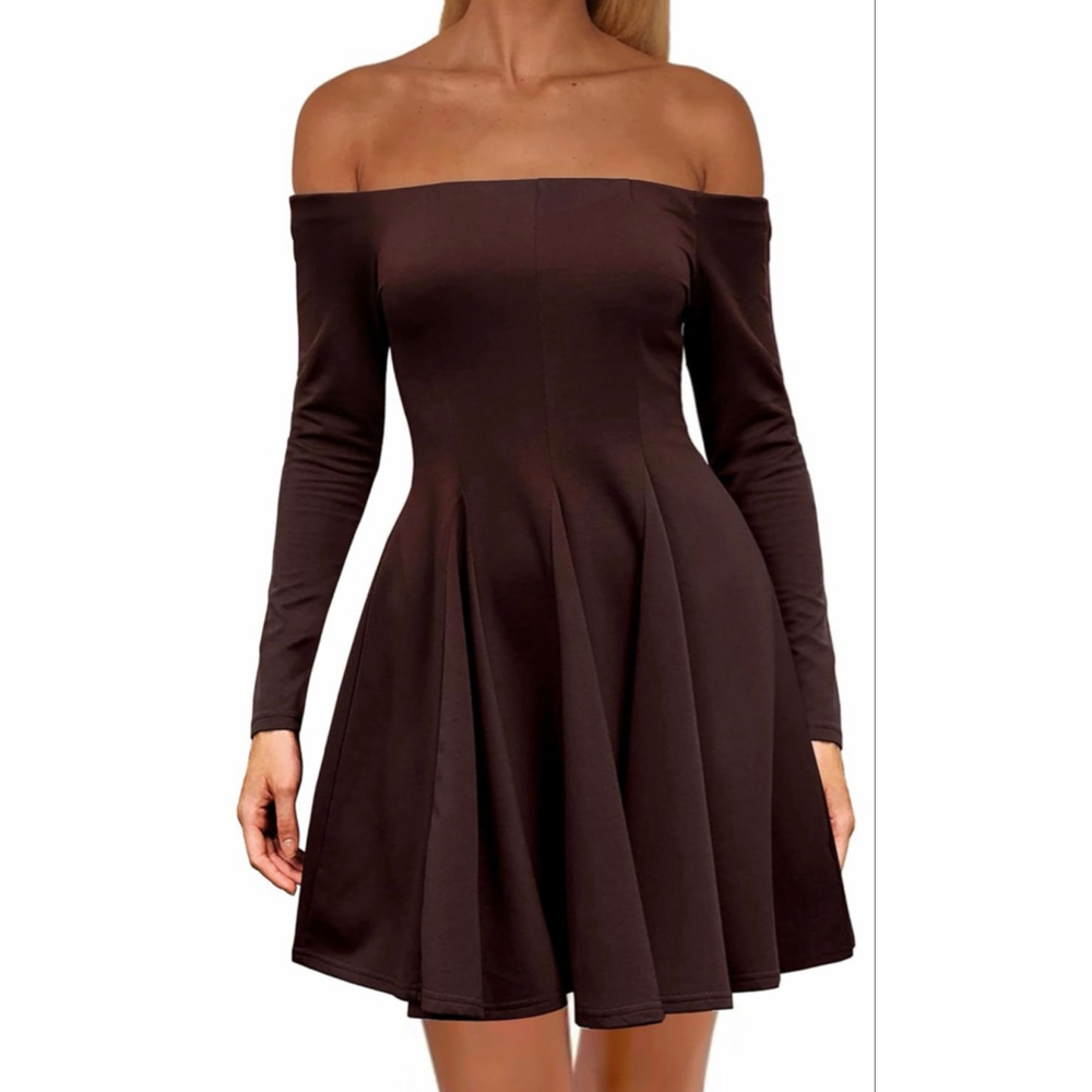 NEW Brown Off The Shoulder Long Sleeve A Line Pleated Mini Dress S
